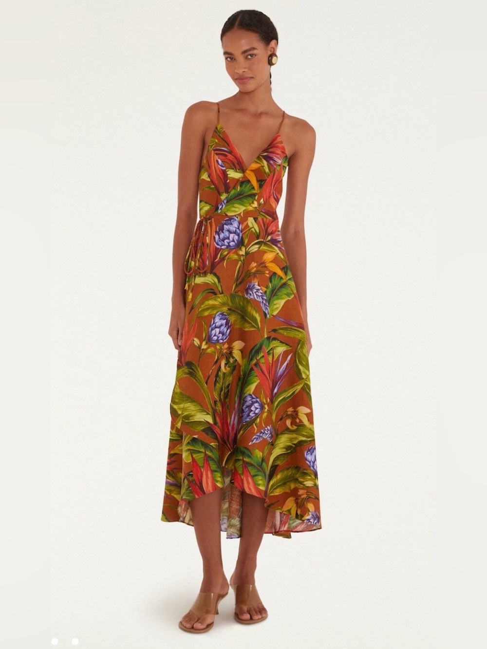 Farm Rio Florart Linen Sleeveless
Plunge Midi Wrap Dress Multi Color Brown M NWT - Picture 4 of 16